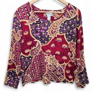 Chicos Top Womens 3 US XL Burgundy Printed Scoop Neck Crop‎ Long Sleeve Casual